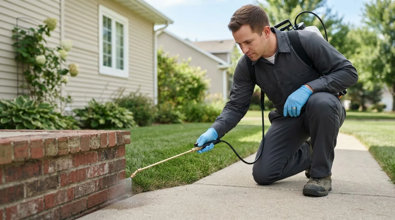 Pest control technician treating a home near Gobles, MI