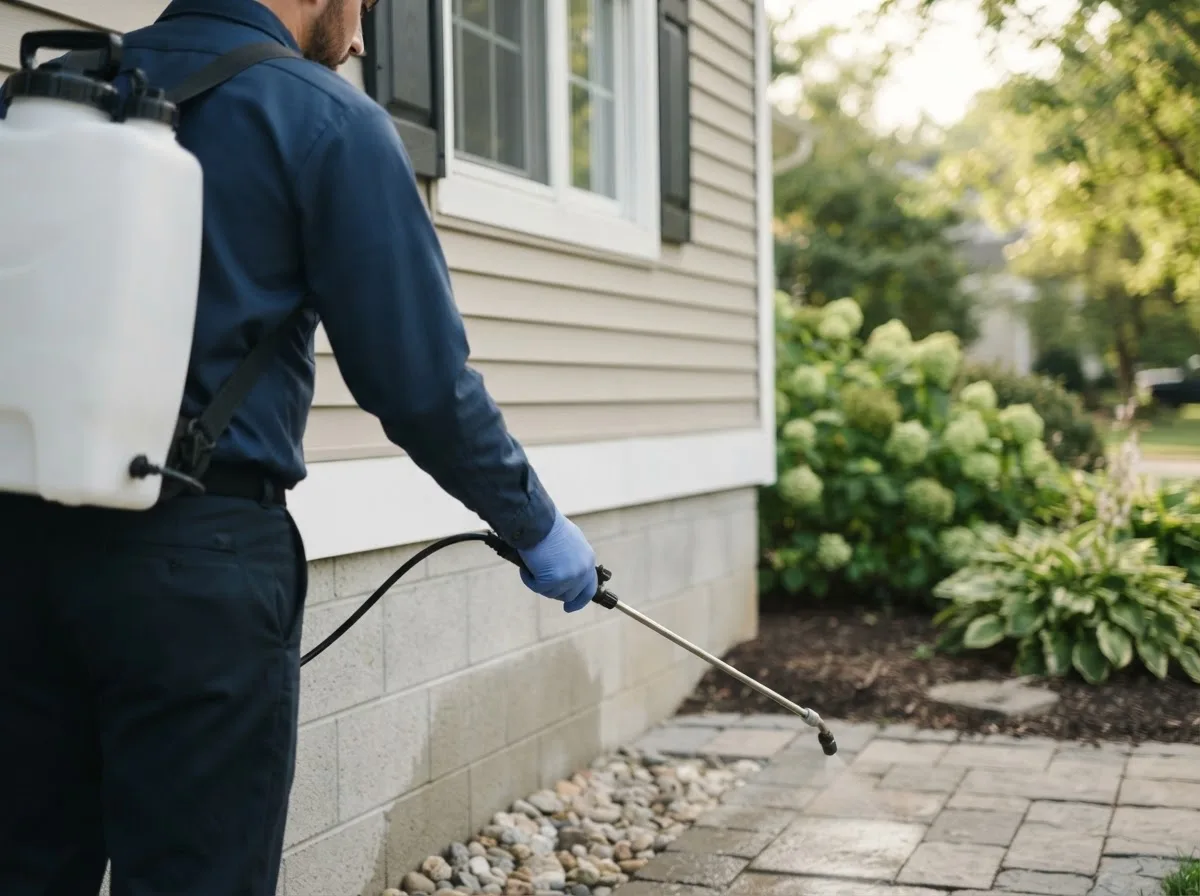 Pest control technician inspecting a home in Gobles, MI